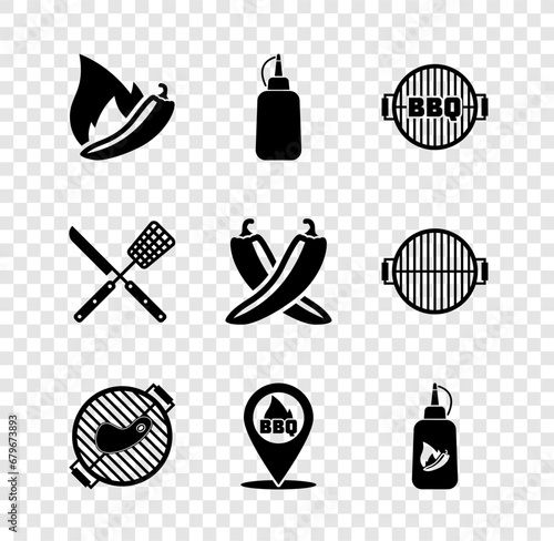 Set Hot chili pepper pod, Mustard bottle, Barbecue grill, with steak, Location barbecue, Ketchup, Crossed knife and spatula and hot icon. Vector