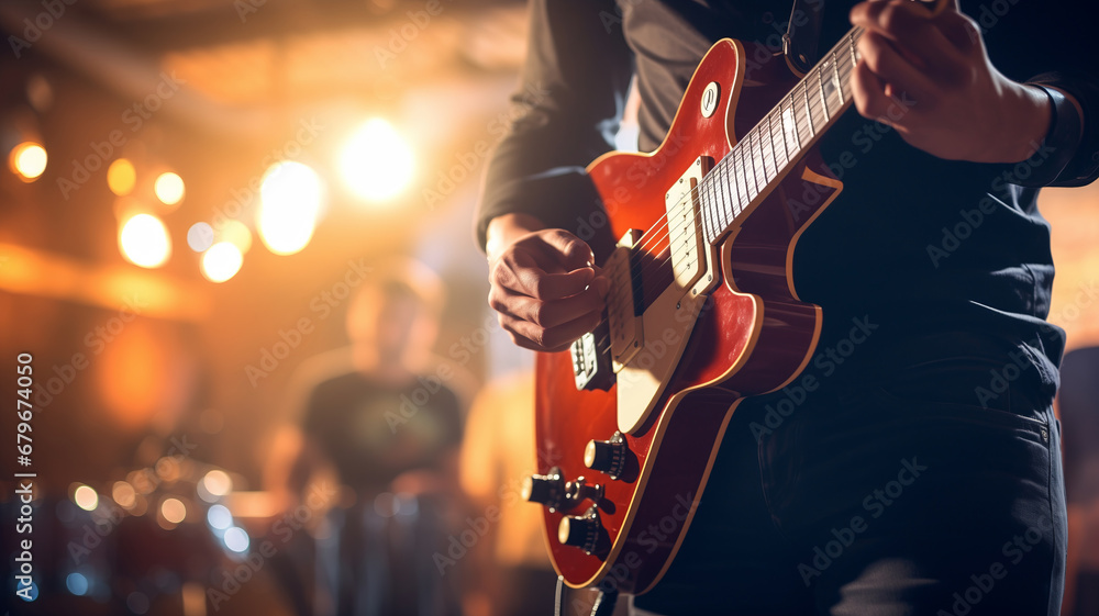 Naklejka premium Guitarist on stage on background musician band with soft spotligh. Concept poster for an event