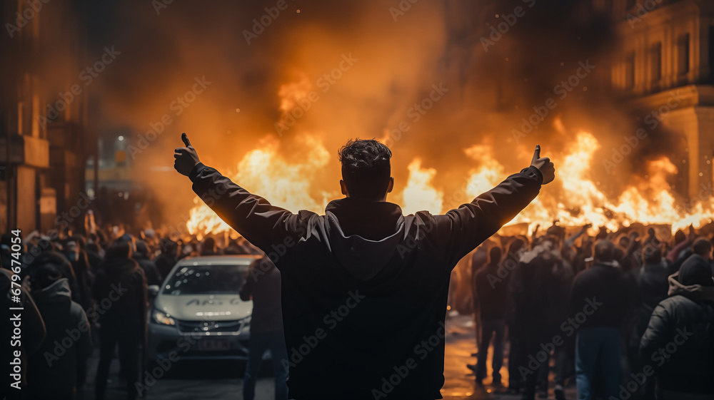 Fototapeta premium Concept protesters riot people. Back view Aggressive man without face in hood against backdrop of protests and burning cars