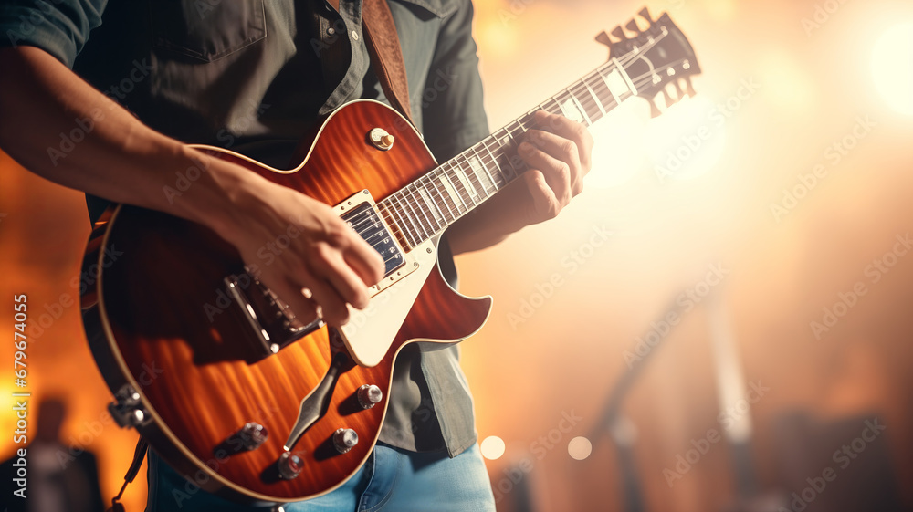 Fototapeta premium Guitarist on stage on background musician band with soft spotligh. Concept poster for an event
