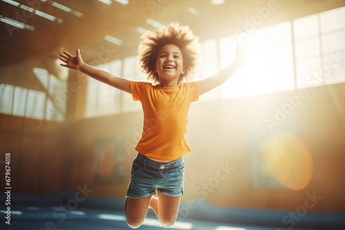 Happy little child enjoys jumping on trampoline in sport jump park, sunlight