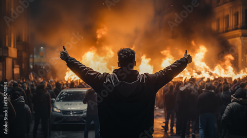 Concept protesters riot people. Back view Aggressive man without face in hood against backdrop of protests and burning cars