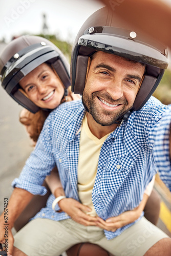 Couple, scooter and selfie for fun, adventure and vacation or holiday, romance and embrace in portrait. Happy people, freedom and motorcycle in outdoors, travel and explore for tourism, hug or free