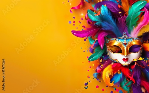 Mardi Gras poster. Banner template with Venetian masquerade mask for women, confetti and feathers isolated on warm yellow background, copy space. Costume party flyer for carnivals. AI Generative