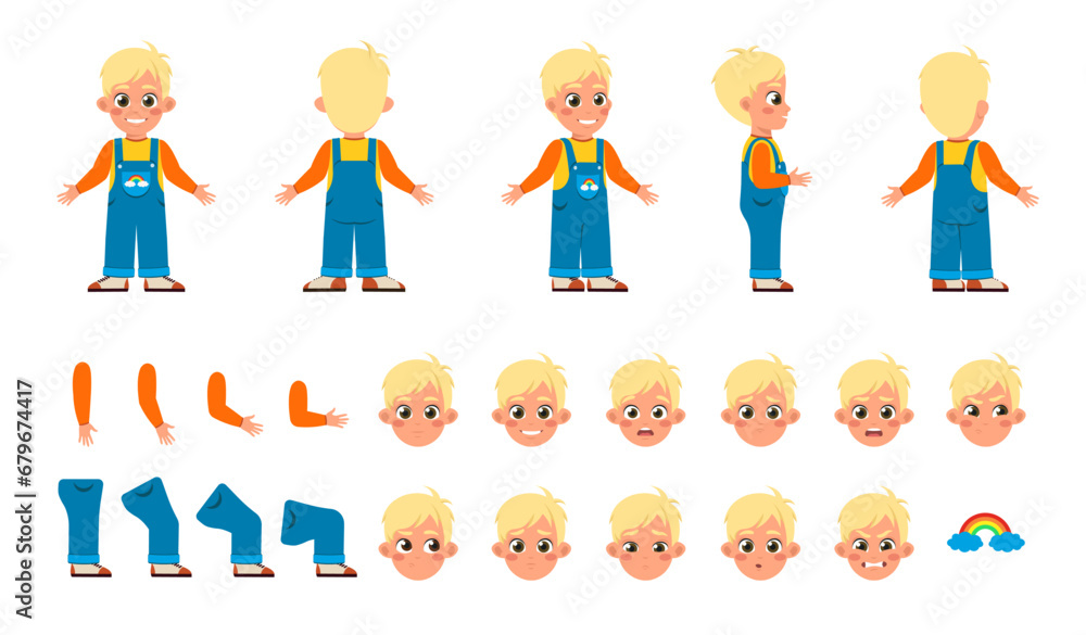 Set of Character Constructor for Animation. Cute boy child in stylish overalls. Body parts in different poses and facial expressions. Cartoon flat vector illustrations isolated on white background Set of Character Constructor for Animation. Cute boy child in stylish overalls. Body parts in different poses and facial expressions. Cartoon flat vector illustrations isolated on white background