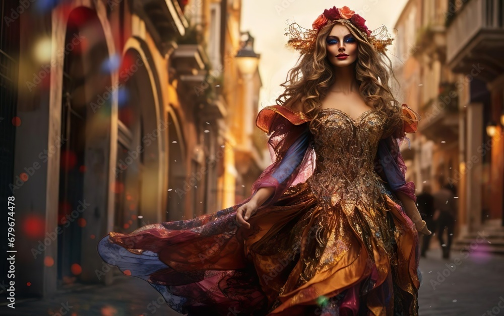 Happy Mardi Gras poster. A pretty woman wearing a carnival mask and a dress walking on European evening street with Italian architecture. Gorgeous Venetian masquerade party outfit. AI Generative