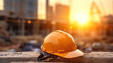 safety helmet or hardhat for the construction worker which is placed on the ground of construction working site