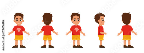 Set of Character Constructor for Animation. Happy little preschooler boy in full growth. Child body from different sides and angles. Cartoon flat vector illustrations isolated on white background