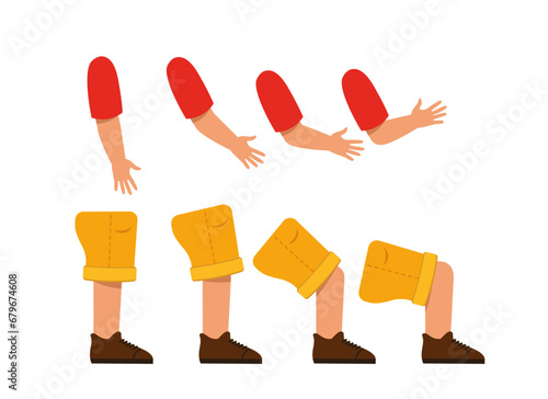 Set of Character Constructor for Animation. Collection of hands and feet in motion. Different parts of body of preschooler child. Cartoon flat vector illustrations isolated on white background