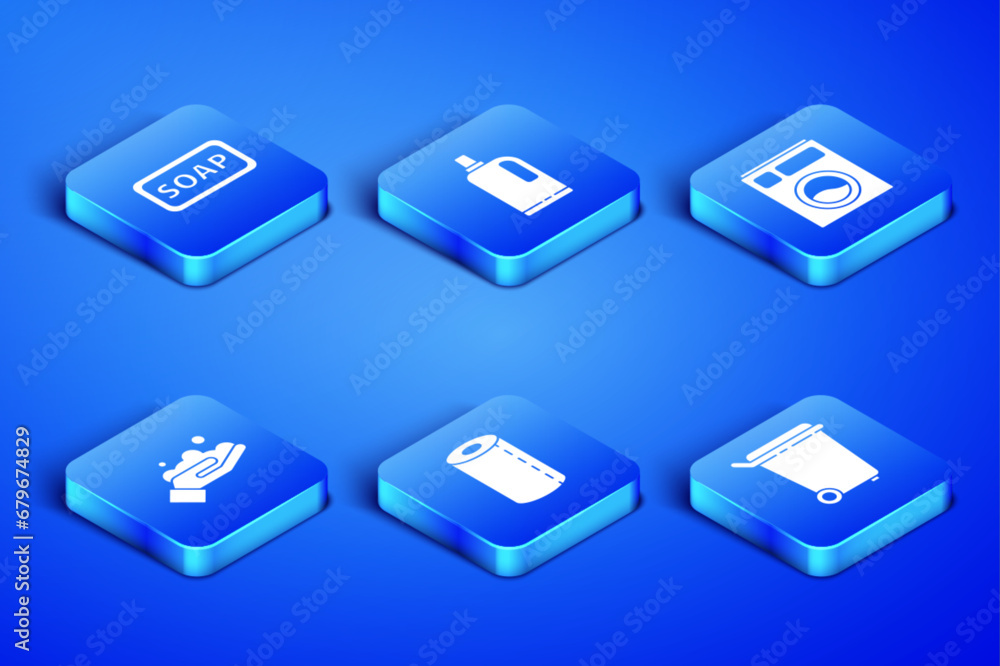 Set Trash can, Bar of soap, Paper towel roll, Washing hands with, Fabric softener and Washer icon. Vector Set Trash can, Bar of soap, Paper towel roll, Washing hands with, Fabric softener and Washer icon. Vector