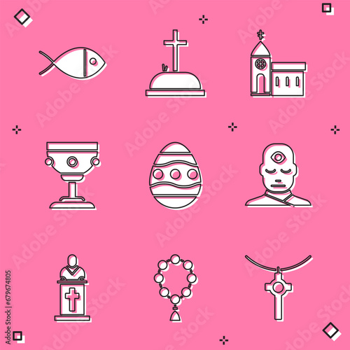 Set Christian fish, Tombstone with cross, Church building, chalice, Easter egg, Man third eye, pastor preaching and Rosary beads religion icon. Vector