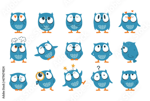 Vector set of funny cute owls with different emotions. Owls icons, stickers