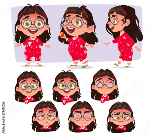 Character constructor for animation. Happy girl with glasses stands in different poses and positions. Child face expresses different emotions. Cartoon flat vector illustration set isolated on white