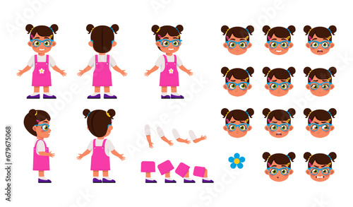 Set of Character Constructor for Animation. Cute preschooler girl in pink dress. Body parts and facial expressions. Child in different poses. Cartoon flat vector illustrations isolated on background