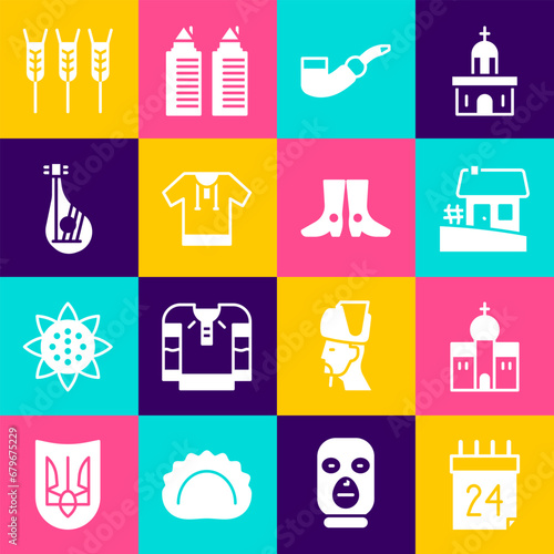 Set Independence day of Ukraine, Church building, Ukrainian house, Smoking pipe, Embroidered shirt, Bandura, Wheat and footwear icon. Vector