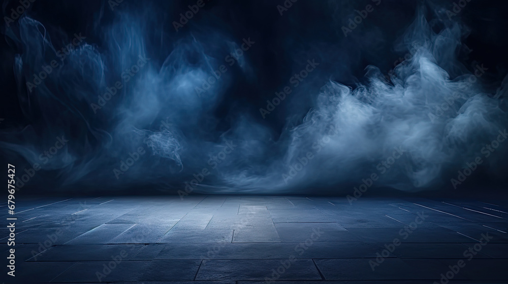 dark blue room background with smoke and floor, Dark empty scene, blue neon searchlight light, smoke, night view, rays. - obrazy, fototapety, plakaty 