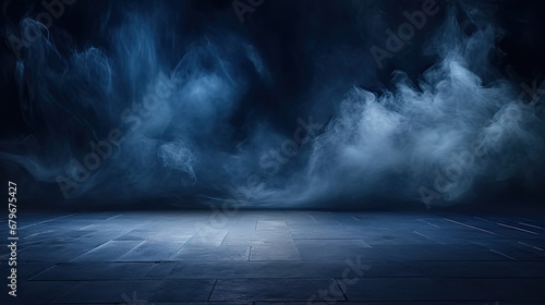 dark blue room background with smoke and floor, Dark empty scene, blue neon searchlight light, smoke, night view, rays. photo