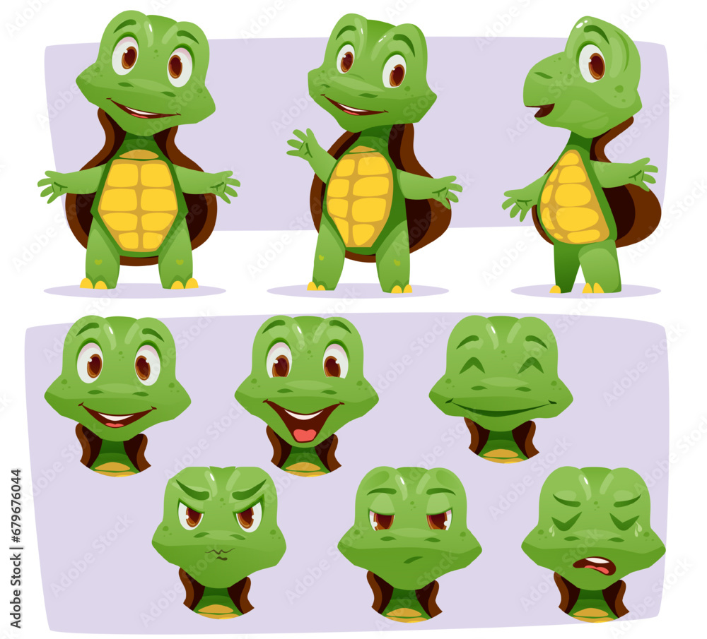 Character constructor for animation. Cute turtle with emotion of happiness, joy, anger, sadness. Animal with shell stands in different poses. Cartoon flat vector illustration set isolated on white Character constructor for animation. Cute turtle with emotion of happiness, joy, anger, sadness. Animal with shell stands in different poses. Cartoon flat vector illustration set isolated on white