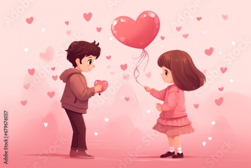 a boy gives a ballon heart to a girl. pink background with pink hearts. illustration.love. valentine s day