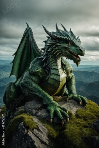 A big beautiful green dragon with wings on top of a mountain in nature. 2024 year concept © liliyabatyrova