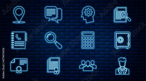 Set line User of man in business suit, Safe, Human head with gear inside, Magnifying glass, Phone book, Map pin, Calculator and Chat icon. Vector