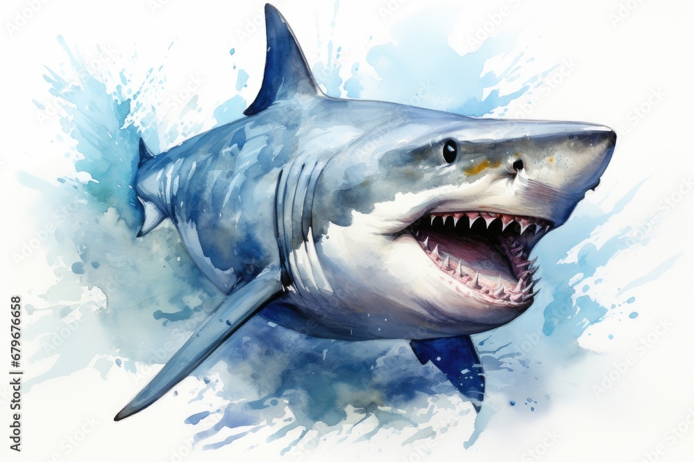 Fototapeta premium watercolor Shark Hungry shark illustration with splash watercolor textured background