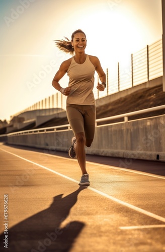 Portrait of beautiful woman working out and running on track, running outdoors and doing fitness exercises. healthy jogging and running concept © aboutmomentsimages