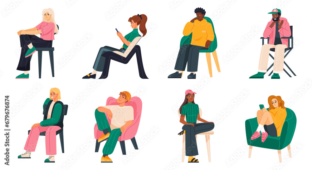 Set of sitting people. Happy man and women sitting on comfortable chairs in different poses and body positions. Characters relax on stools. Cartoon flat vector collection isolated on white background