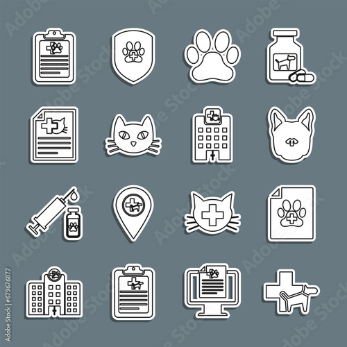 Set line Veterinary clinic, Medical certificate for dog or cat, Dog, Paw print, Cat, Clinical record pet and medicine hospital icon. Vector