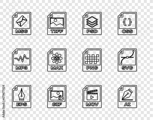 Set line EPS file document, AI, PSD, GIF, MSG, MAX, MOV and SVG icon. Vector