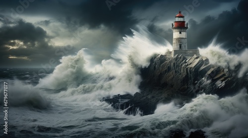  a lighthouse sitting on top of a rocky cliff in the middle of the ocean with a huge wave crashing over it.