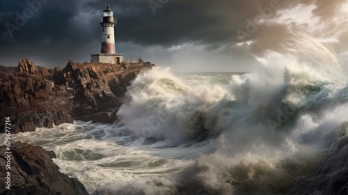  a lighthouse sitting on top of a rocky cliff next to a body of water with waves crashing in front of it.