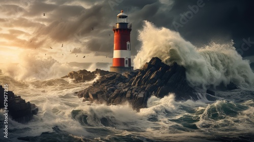  a red and white lighthouse sitting on top of a rock in the middle of a large body of water under a cloudy sky.