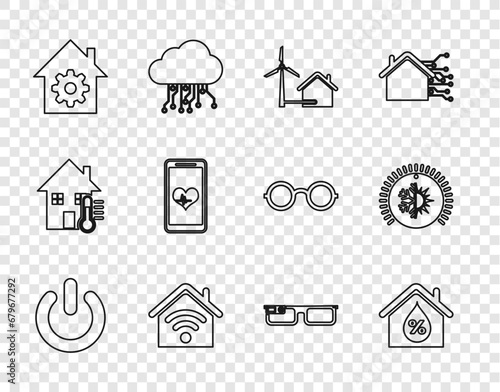 Set line Power button, House humidity, with wind turbine, Smart home wi-fi, settings, Mobile heart rate, glasses and Thermostat icon. Vector