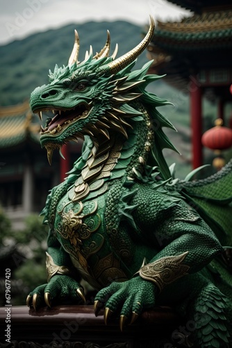 Fantastic terrifying green dragon in a Chinese city, 2024. © liliyabatyrova