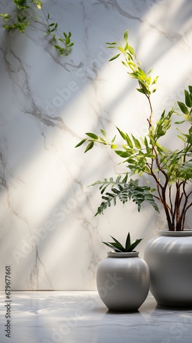 White marble table with tree shadow on concrete wall