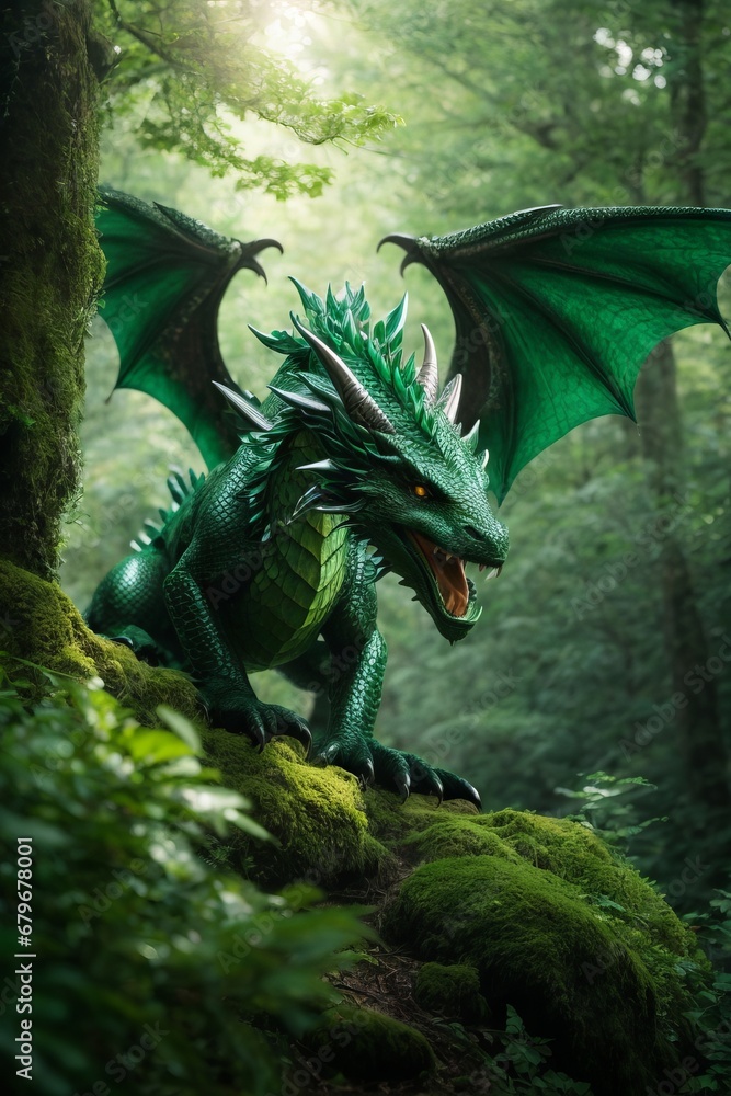 Fantastic beautiful green dragon with spread wings and open mouth in a ...