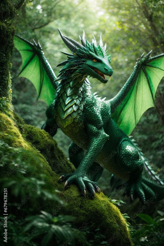 Fantastic beautiful green dragon with spread wings in a dense forest ...