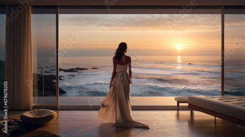 Young woman in an elegant dress in a modern living room overlooking the ocean. Concept of relaxation, enjoyment or freedom. © Alina Tymofieieva