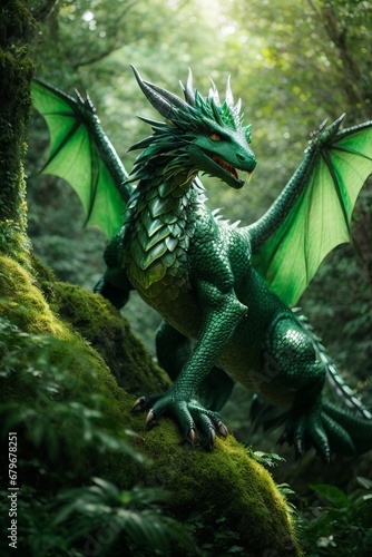 Fantastic beautiful green dragon with spread wings in a dense forest © liliyabatyrova