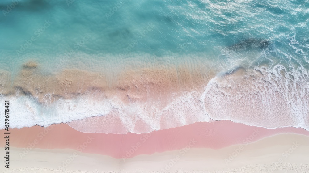 a beach with white and pink sand viewed from the top