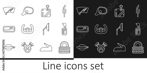 Set line Car tire, Gear shifter, Sport steering wheel, door handle, Windscreen wiper, and mirror icon. Vector