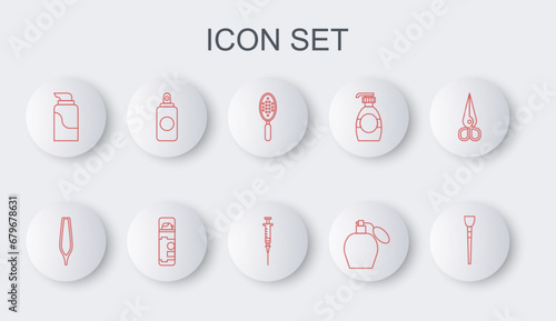 Set line Makeup brush, Eyebrow tweezers, Hairbrush, Perfume, Cream cosmetic tube, Spray can, Shaving gel foam and Syringe icon. Vector
