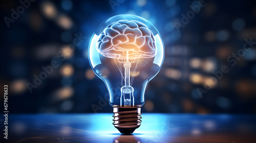 Creative idea concept with light bulb and blue shiny brain photo