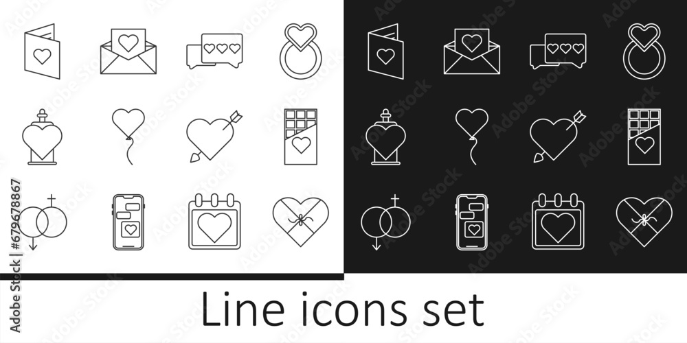 Set line Candy in heart shaped box, Chocolate bar, Like, Balloon form of, Bottle with love potion, Valentines day flyer, Amour arrow and Envelope icon. Vector