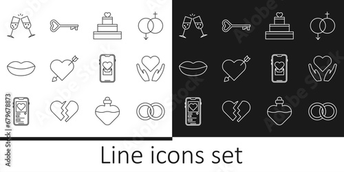 Set line Wedding rings, Heart hand, cake with heart, Amour arrow, Smiling lips, Glass of champagne, Mobile and Key shape icon. Vector