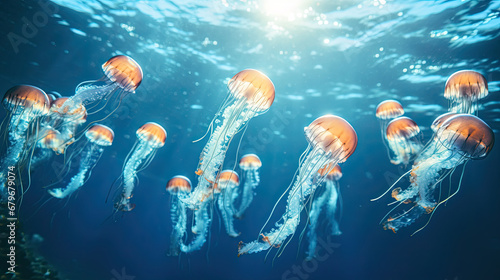 A large transparent jellyfish among the colorful jellyfish group in the ocean, Underwater life in ocean jellyfish., jellyfish in aquarium