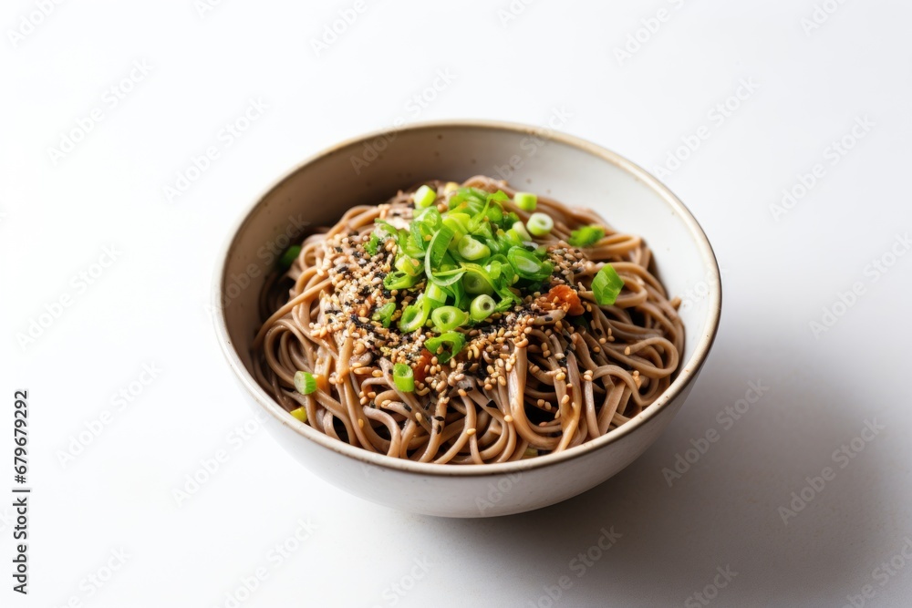 buckwheat soba noodles with green onion in a white bowl on a white background buckwheat soba noodles with green onion in a white bowl on a white background