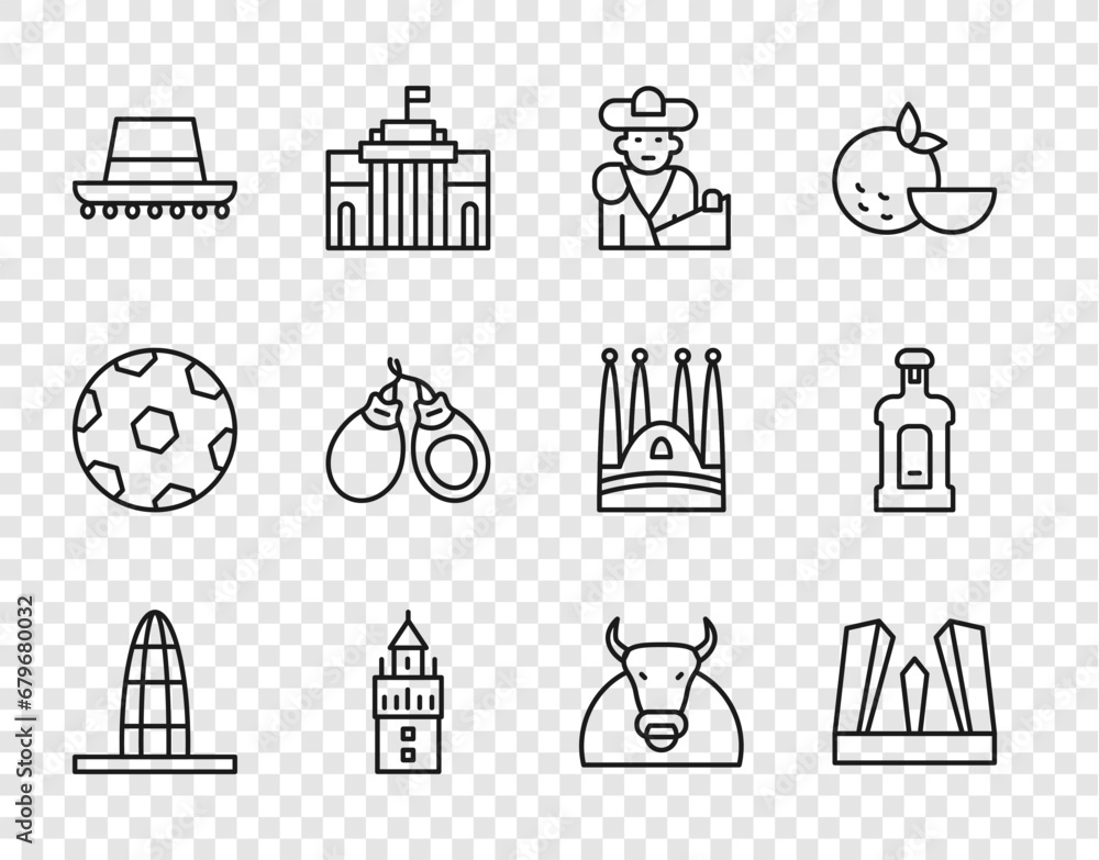 Set line Agbar tower, Gate of Europe, Bullfight, matador, Giralda, Spanish hat, Castanets, and Orujo icon. Vector Set line Agbar tower, Gate of Europe, Bullfight, matador, Giralda, Spanish hat, Castanets, and Orujo icon. Vector