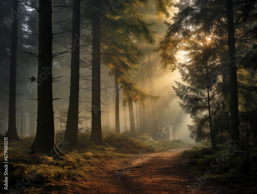 Foggy forest in the morning 